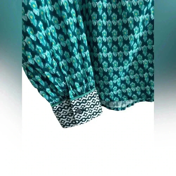 SUNDANCE Blouse Women's Size M Teal White Cotton Contrast Patterns Long Sleeve - Picture 9 of 13